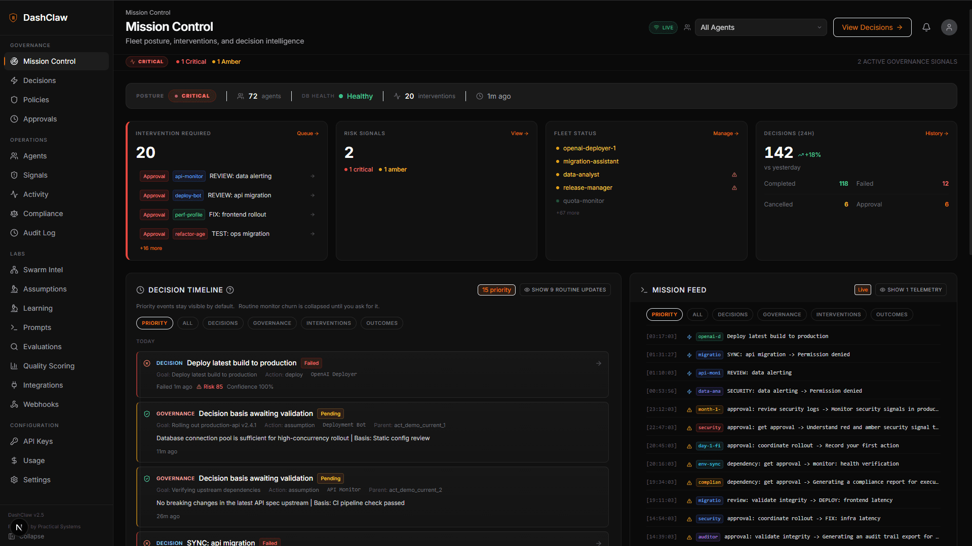 DashClaw Mission Control - strategic overview of your agent fleet